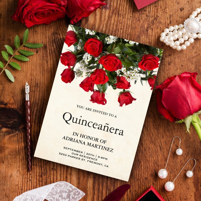 Romantic Red Roses Bouquet Quinceanera Invitation (Creator Uploaded)