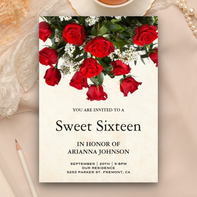Romantic Red Roses Bouquet Sweet Sixteen Invitation (Creator Uploaded)