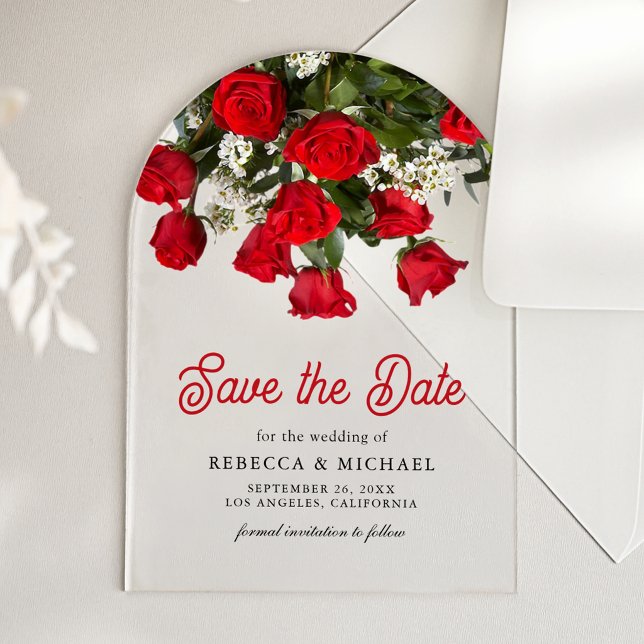Romantic Red Roses Bouquet Wedding Save the Date Acrylic Invitations (Creator Uploaded)