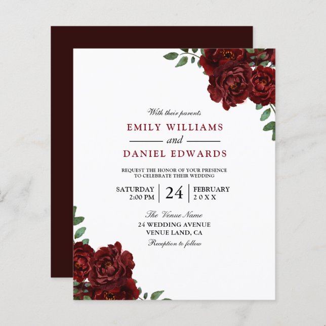 Romantic Red Roses Budget Wedding Invitation (Front/Back)