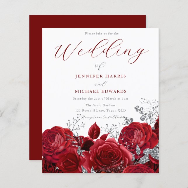 Romantic Red Roses Budget Wedding Invitation (Front/Back)