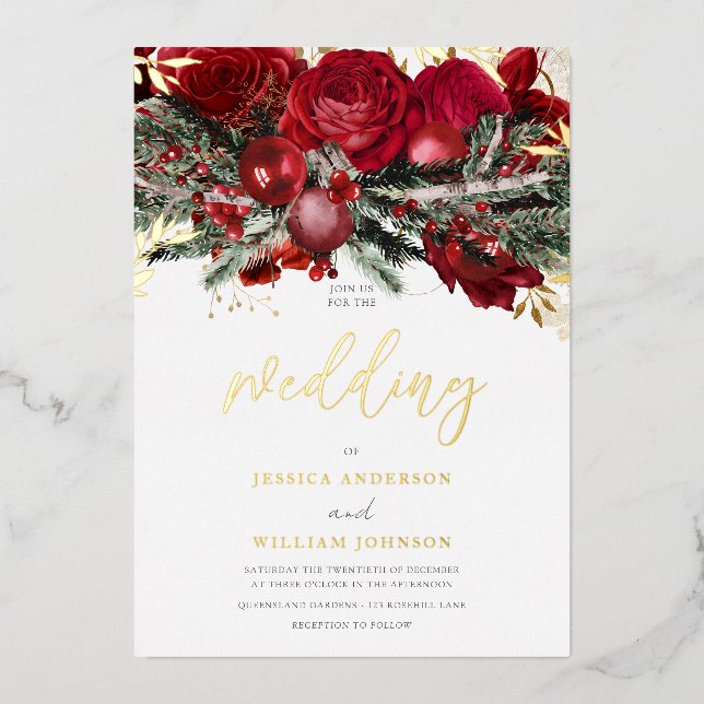 Romantic Red Roses Christmas Wedding Gold (Front)