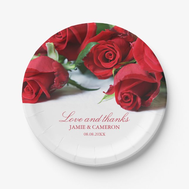 Romantic Red Roses Custom Names Wedding Paper Plate (Front)