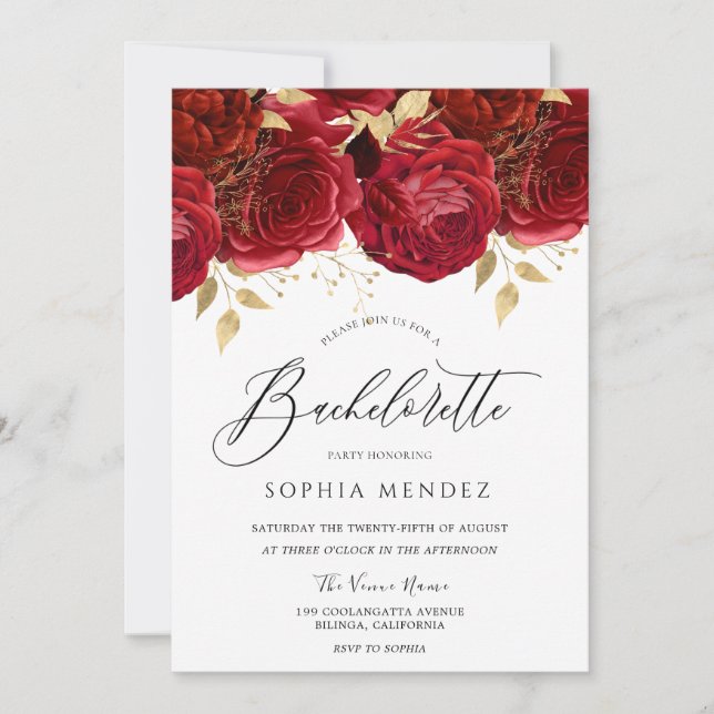 Romantic Red Roses Elegant Bachelorette Party Invitation (Front)
