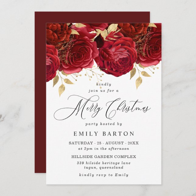 Romantic Red Roses Elegant Christmas Party Invitation (Front/Back)
