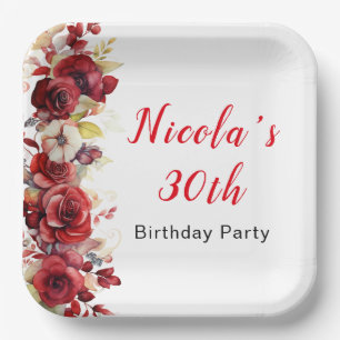 Romantic Red Roses Floral Birthday Paper Plate