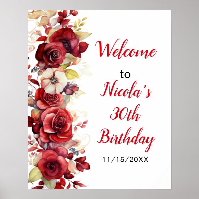 Romantic Red Roses Floral Birthday Party Poster (Front)