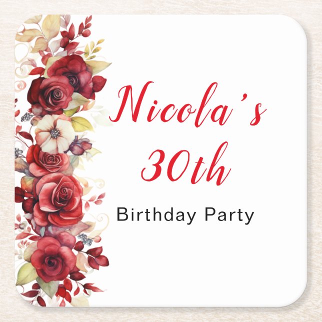 Romantic Red Roses Floral Birthday Party Square Paper Coaster (Front)
