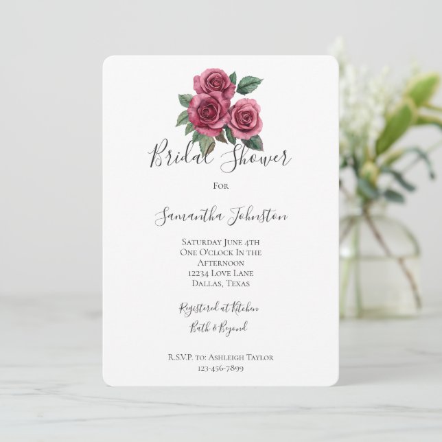 Romantic Red Roses Floral Bridal Shower Invitation (Standing Front)