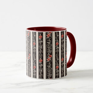Romantic Red Roses Floral Cream Black Stripes Mug
