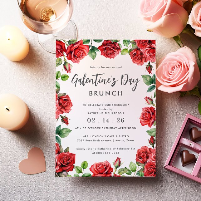 Romantic Red Roses Floral Galentine's Day Brunch Invitation (Creator Uploaded)