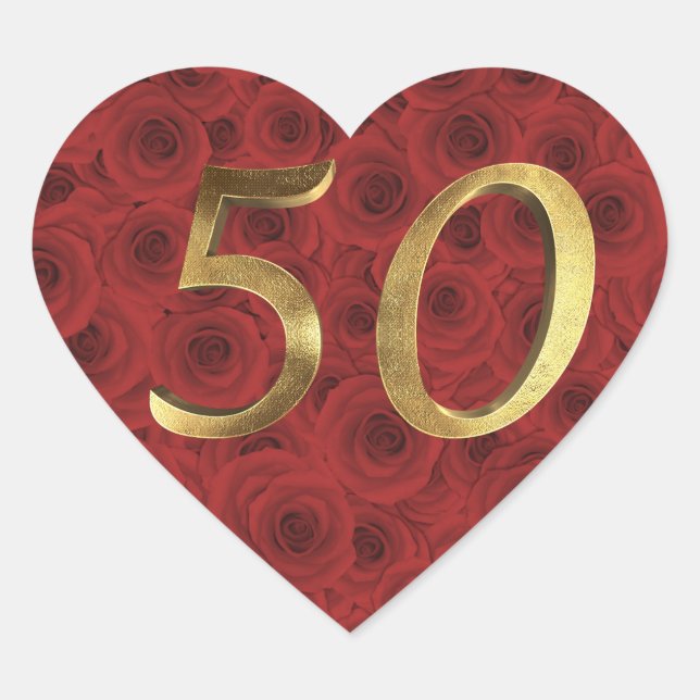 Romantic Red Roses Floral Heart Golden Number 50 Sticker (Front)