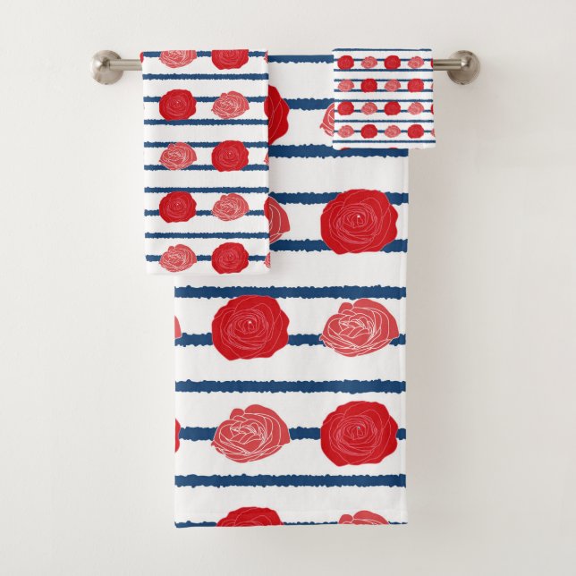 Romantic Red Roses Floral Pattern Trendy  Bath Tow Towel Set (Insitu)