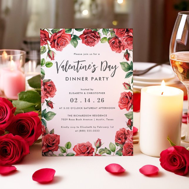 Romantic Red Roses Floral Valentine's Day Dinner Invitation (Creator Uploaded)