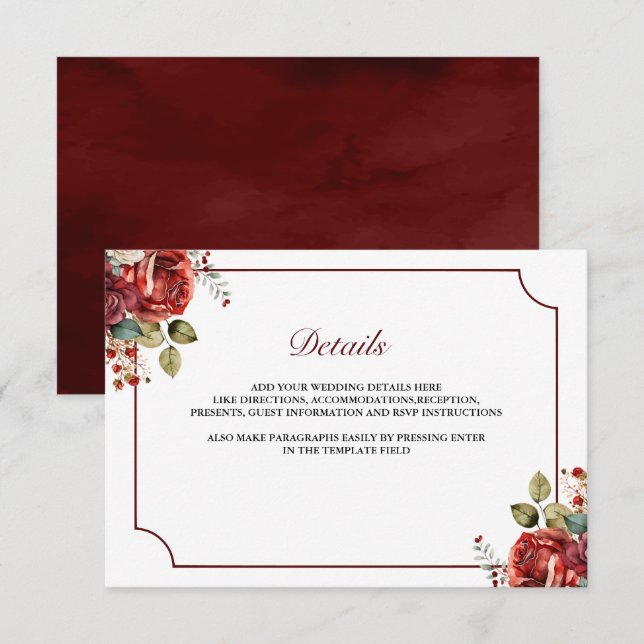 Romantic Red Roses Floral Wedding Details Enclosure Card (Front/Back)