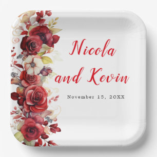 Romantic Red Roses Floral Wedding Paper Plate