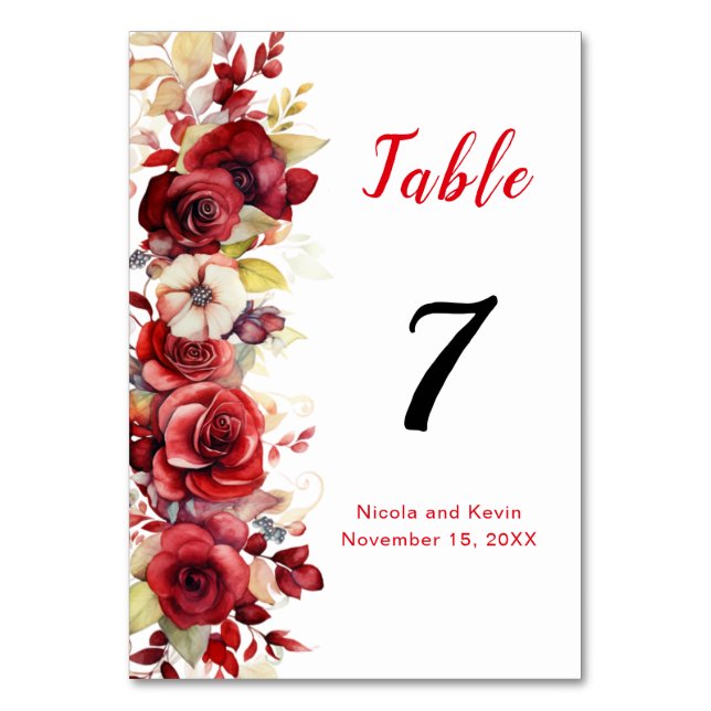 Romantic Red Roses Floral Wedding Table Number (Front)