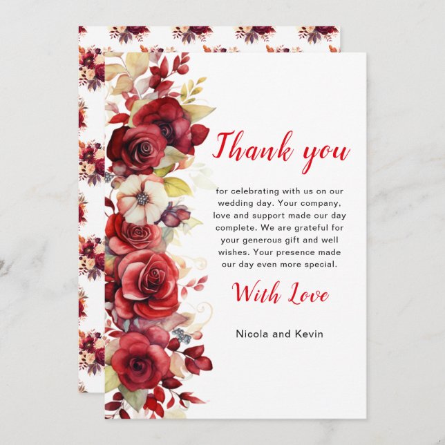 Romantic Red Roses Floral Wedding Thank You Card (Front/Back)