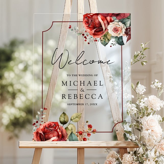 Romantic Red Roses Floral Wedding Welcome Acrylic Sign (Creator Uploaded)