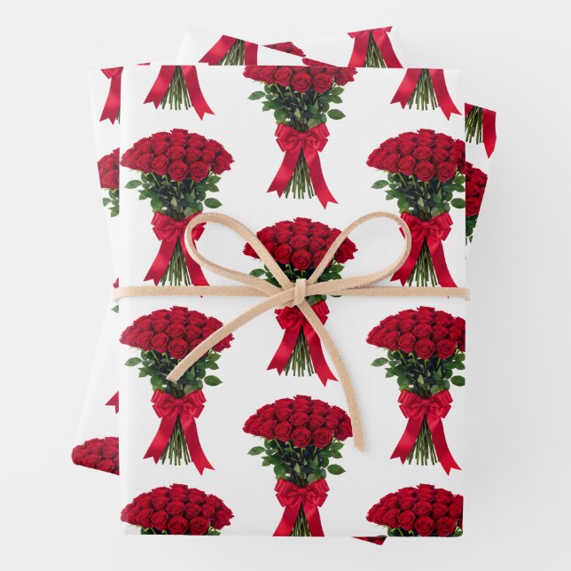 Romantic red roses flower bouquet wrapping paper sheet (In situ)