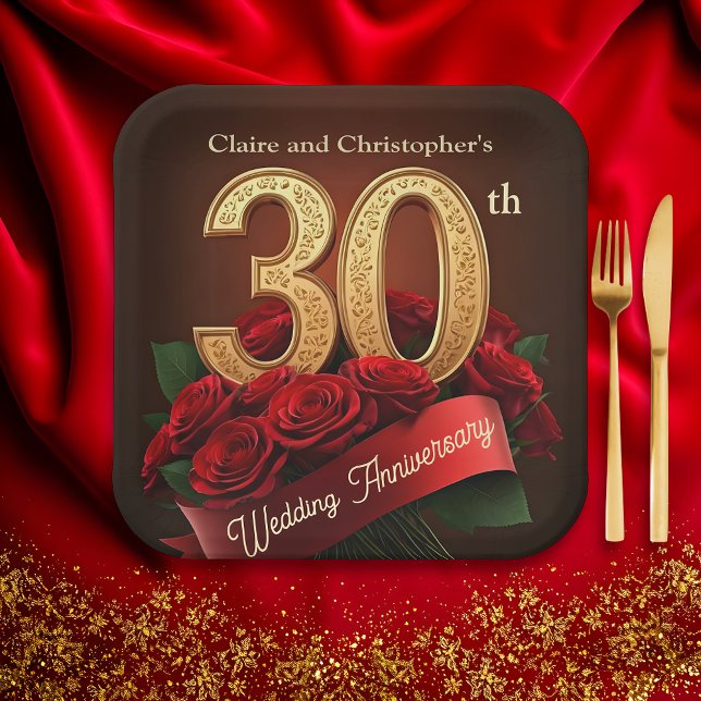 Romantic Red Roses Gold 30th Wedding Anniversary Paper Plate (Creator Uploaded)