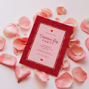 Romantic Red Roses Gold Stripes Accent Invitation
