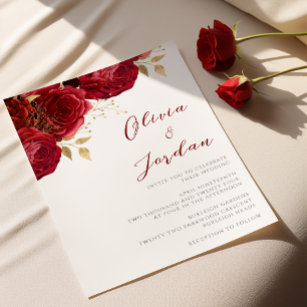 Romantic Red Roses & Gold Wedding Invitation