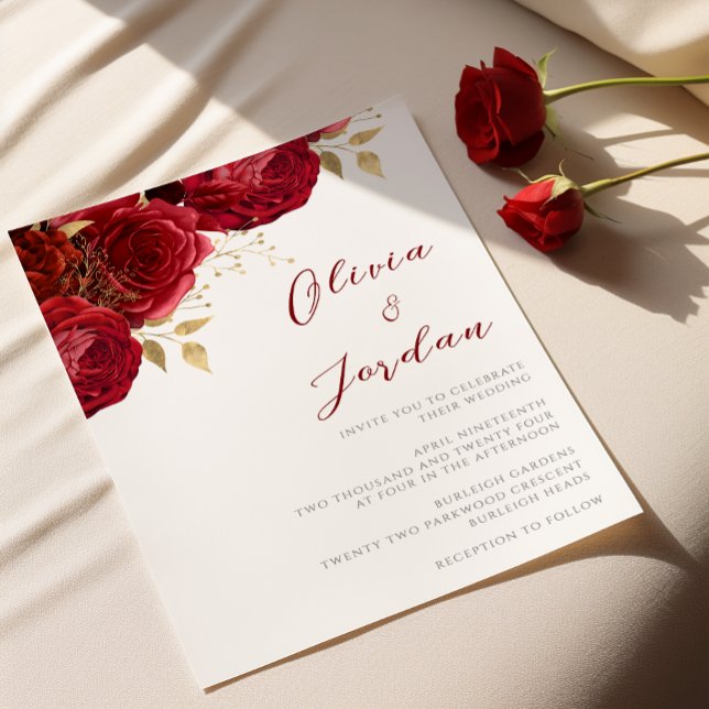 Romantic Red Roses & Gold Wedding Invitation (Creator Uploaded)