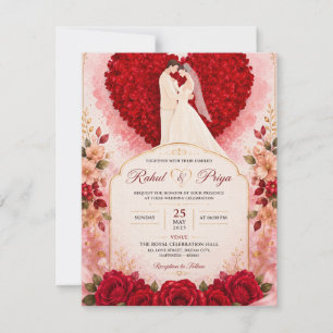 Romantic Red roses heart weeding invitation card.