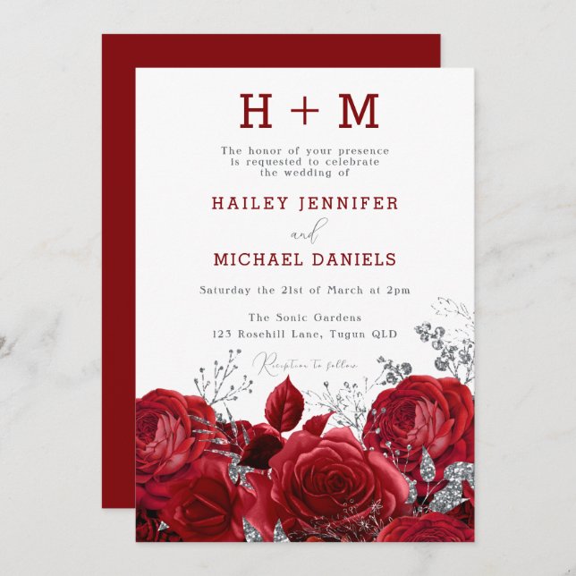 Romantic Red Roses Monogram Wedding Invitation (Front/Back)