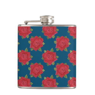 Romantic Red Roses on Blue Custom Hip Flask
