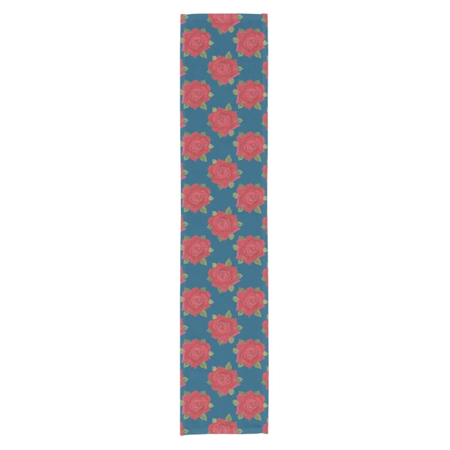 Romantic Red Roses on Blue Custom Table Runner (Front)