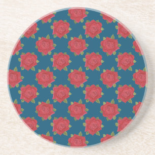 Romantic Red Roses on Blue Round Sandstone Coaster