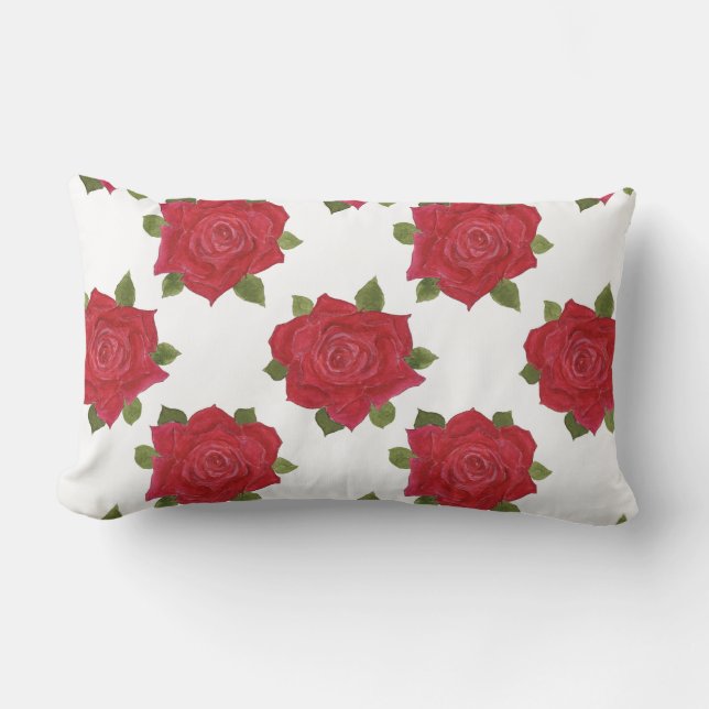 Romantic Red Roses on White Custom Lumbar Pillow (Front)