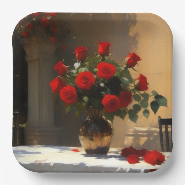 Romantic Red Roses Paper Plate (Front)