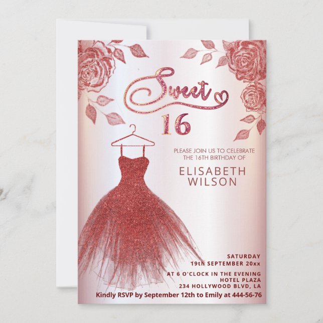 Romantic Red roses red glitter dress Invitation (Front)