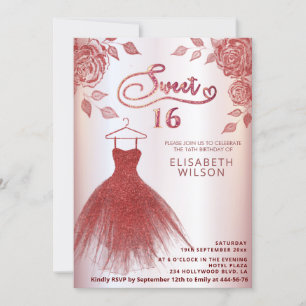 Romantic Red roses red glitter dress Invitation