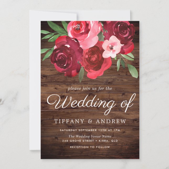 Romantic Red Roses Rustic Wedding Invite (Front)