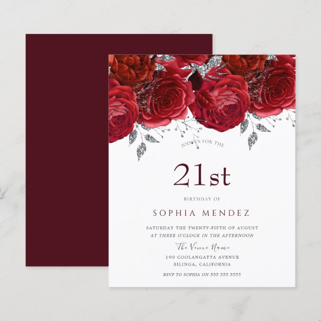 Romantic Red Roses Silver 21st Birthday Invitation (Front/Back)