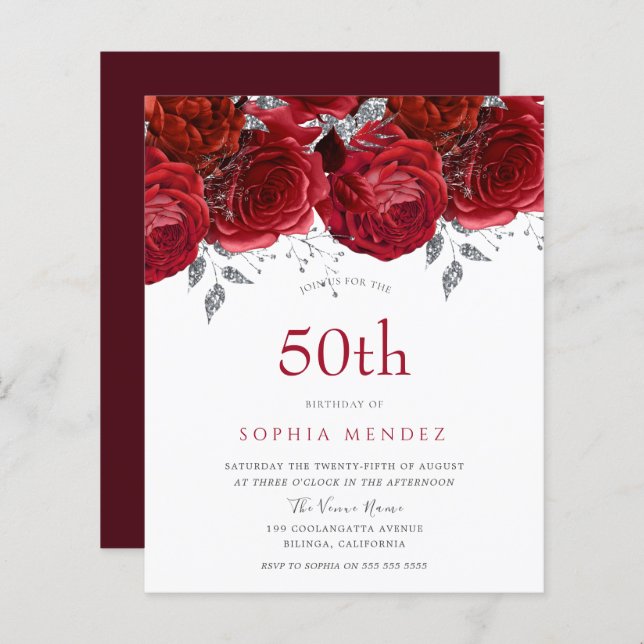 Romantic Red Roses Silver 50th Birthday Invitation (Front/Back)