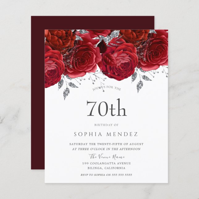 Romantic Red Roses Silver 70th Birthday Invitation (Front/Back)