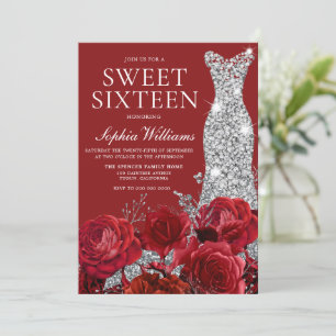 Romantic Red Roses Silver Diamond Gown Sweet 16  Invitation