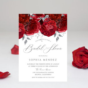 Romantic Red Roses Silver Leaf Bridal Shower Invitation