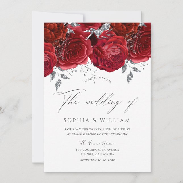 Romantic Red Roses Silver Leaf Elegant Wedding Invitation (Front)