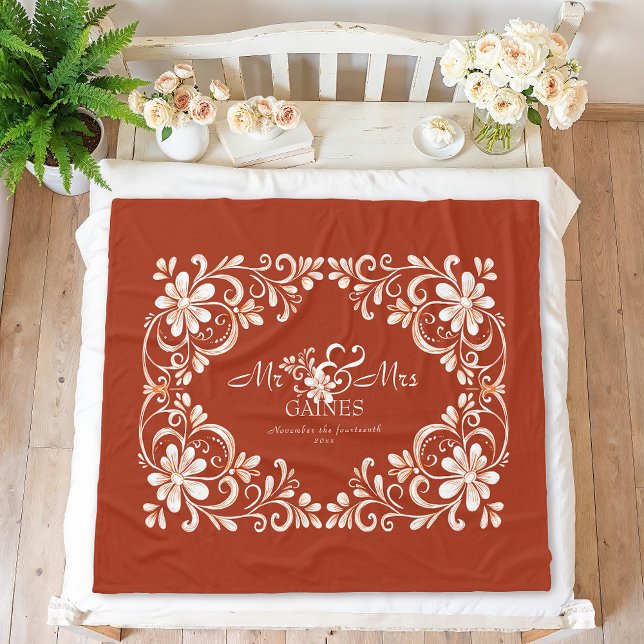 Romantic Red Rust Shabby Chic Mr & Mrs Floral  Fleece Blanket (Creator Uploaded)