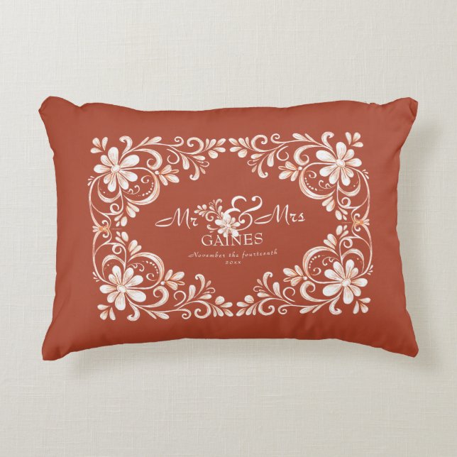 Romantic Red Rust Shabby Chic Mr Mrs Wedding Decorative Cushion (Front)