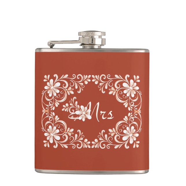 Romantic Red Rust Shabby Chic Mrs Wedding Flask (Front)