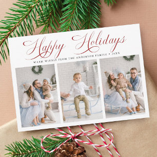 Romantic Red Script Happy Holidays 3 Photo Holiday Card