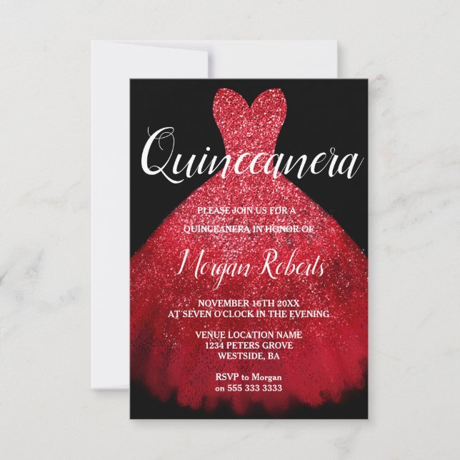 Romantic Red Sparkle Dress Quinceanera 15th Party Invitation (Front)