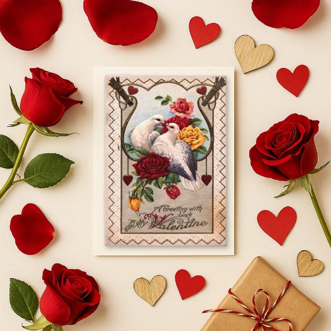 Romantic Red Vintage Dove Rose Valentine Holiday Card (Creator Uploaded)